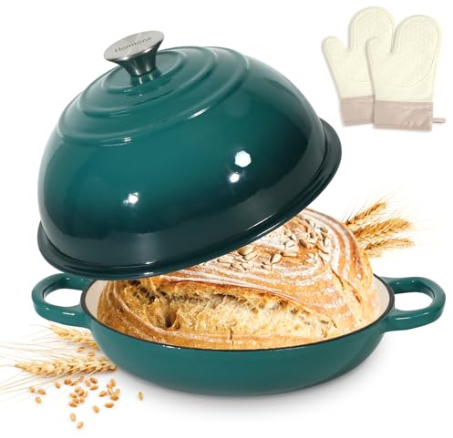 Homtone 5.2L/26cm Dutch Oven for Sourdough Bread Baking, Cast Iron Pot | Enameled Cast Iron Dutch Oven with Domed Lid, Casserole Pot, Gifts for Sourdough Bakers (Gradient Teal, with Oven Mitts)