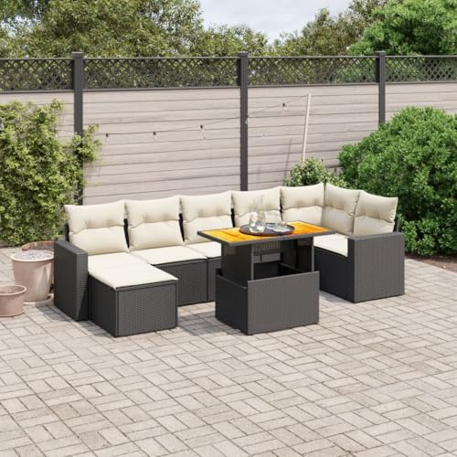 QJBSAVVA 8-TLG. Gartenmöbel Set Schwarz Poly Rattan 200 x 55 x 44/73 cm höhenverstellbarer Tisch Lounge Sitzgruppe für Garten Terrasse Balkon klein