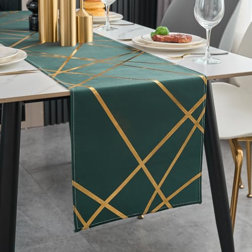 Brylleii Tischläufer Modern Tannengrün Glänzend Gold Geometrie 33x140 Tischdeko Tischband Abwaschbar Kurz Landhausstil Vintage Tischdecke Dekoratives für Couchtisch Esstisch Küche Urlaub Hochzeit