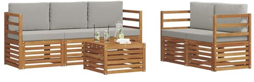 vidaXL Sofagarnituren 6 pcs Natürlich und Hellgrau Massivholz Akazie, Moderne Gartenmöbel, strapazierfähiges Outdoor-Sofa, Lounge-Set für die Terrasse, bequemes Sitzen draußen