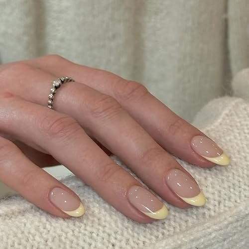 Pastel Yellow French Tip Press on Nails Short - 24 PCS Almond False Nails with Glue - Natural Soft Gel Fake Nails Short Stiletto in 12 Sizes - Reusable Stick on Nails for Women