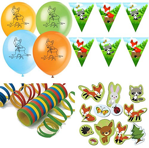 Carpeta 88-teiliges Party-Deko-Set * Kleiner Fuchs * mit Wimpelkette, Luftballons, XXL Konfetti u.v.m. // Kindergeburtstag Kinder Geburtstag Mottoparty Wald Hase Igel