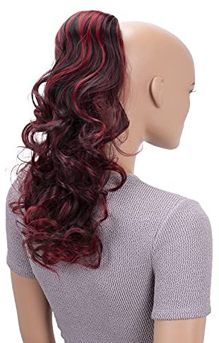 CAISHA 45cm Lang Haarteil Zopf Pferdeschwanz Haarverlängerung Mit Kordelverschluss Voluminös Gelockt Schwarz Rot Mix PH38