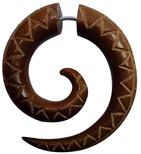 CHICNET Piercing falso para hombre y mujer, con espiral de dilatación, espiral de madera en color marrón rojizo con cierre de acero inoxidable