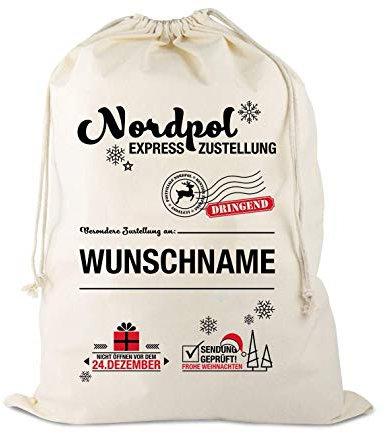 Personalisierbar/Wunschnamen Weihnachtsmannsack XL 75-50cm, Postsack vom Nordpol, Weihnachtsmann Geschenksack, Geschenkbeutel, Gabensack, Nikolaussack, Weihnachten für Kinder, Verpackung Groß