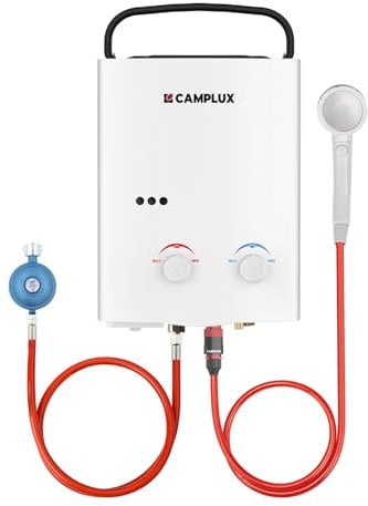 CAMPLUX AY132-DE Tankless Chauffe-eau à Gaz, 50 mbar 5 Litres, avec Poignée Portable, 10kW, Gaz Propane/Butane pour Douche de Camping/Chevaux
