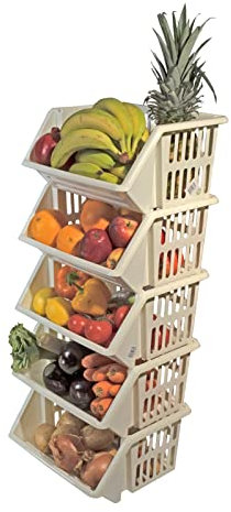 New Stacking Baskets Storage Veg Rack Plastic Stackers, Creme, Grey, Length 36 cm x Depth 30 cm x Height 17.5 cm (Creme, 5 racks)