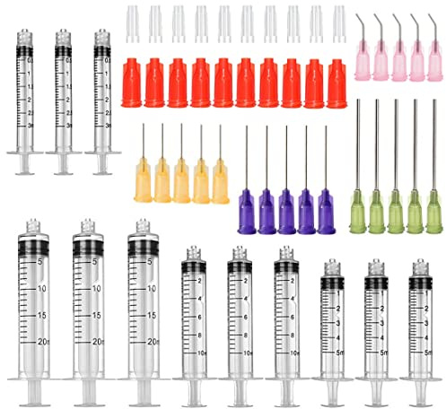 52 Pcs - 3ml 5ml 10ml 20ml Syringes with 14ga, 20ga,21ga, 23ga Blunt Tip Needles With Syringe Caps and Needle Caps for Refilling and Measuring Liquids, Oil or Glue Applicator