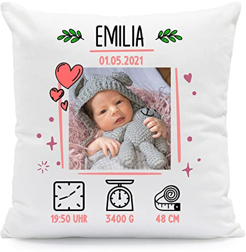 Bedrucktes Kissen mit Foto - Herzliche Geschenke - personalisiert mit Name Babyfoto & Geburtsdaten - Geschenk für Mama Papa Eltern zur Baby Party Geburtstag Weihnachten - mit Füllung - Farbe: Rosa