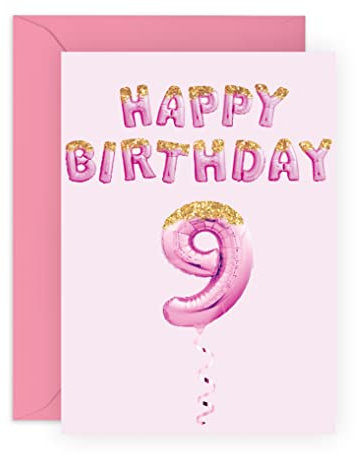 Central 23 – Geburtstagskarte zum 9. Geburtstag für Mädchen – Geburtstagskarte 9 Jahre alt – rosa Partyballons – Neunte Geburtstagskarte für Tochter, Enkelin, Nichte – mit lustigen Aufkleber