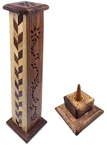 Quemador de Incienso (incensario) Torre en Madera Tallada a Mano en India - Exclusivo y único diseño. 30x8x8 cm - Peso 190 g. Porta Incienso Madera