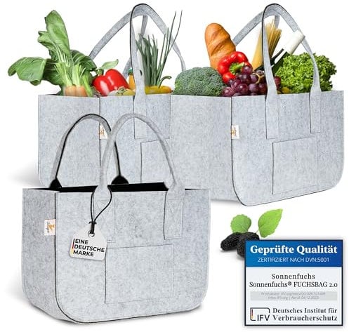 Sonnenfuchs® FUCHSBAG 2.0 [Großes 3er Set XXL] Universelle Einkaufstaschen. 2x Filztasche groß 1x Filztasche klein. Perfekt geeignet als Einkaufskorb. Ein echter Hingucker der den Inhalt sicher trägt