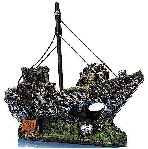 QMAAAYS Aquarium Dekoration Vulkan Aquarium Harz Piratenschiff Ornament Aquarium Dekoration (Piratenschiff Grau)