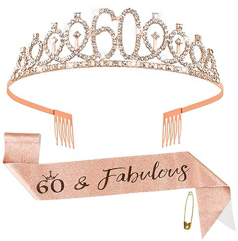 Fowecelt 60th Birthday Sash Tiara - Rose Gold Birthday Queen Tiara and Sash for Women, Rhinestone Crowns Kit for 60th Birthday Gifts, Crystal Tiara Satin Sash for 60th Birthday Party