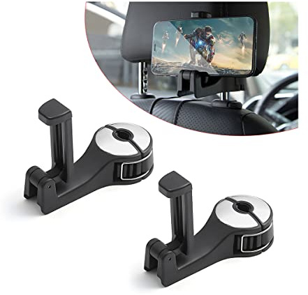 Adunsiaoto 2 Stück Auto Haken Kopfstütze für Autositze, 360 ° Rotation Versteckte Autositzhaken, 2-in-1 Heckhaken für Autositze mit Handyhalterung, Accessories(Silber)