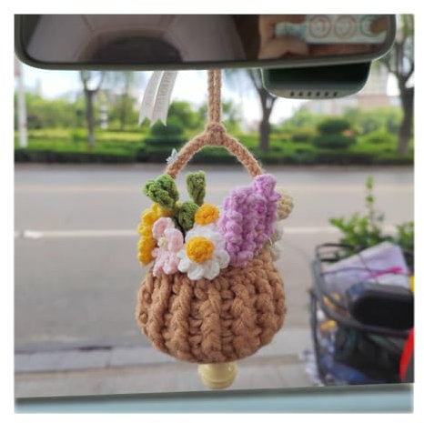 CGEAMDY Autospiegel Anhänger, Auto Dekoration Hand gestrickt Anhänger, Cute Potted Plants Crochet Car Mirror Hanging Accessories, Auto hängende Ornament Für Autos LKW