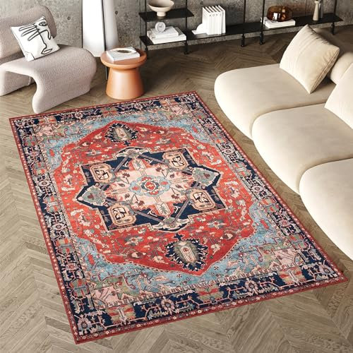 TAPISO Flannel Teppich Kurzflor Rot Blau Schwarz Bunt rutschfest Waschbar Klassisch Ornament Floral Muster Orientteppich Wohnzimmer ÖKOTEX 80 x 150 cm