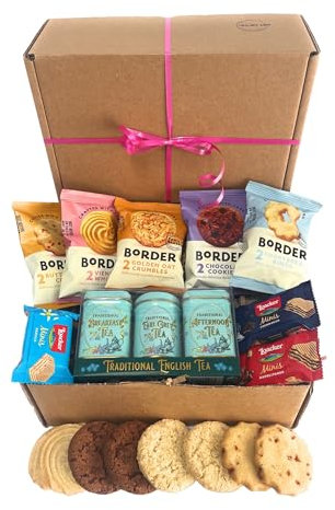Tea Gift Set Hamper with Border Biscuits, Wafers with Afternoon, Breakfast and Earl Grey Loose Tea for Tea Lovers Mini English Tea Tins