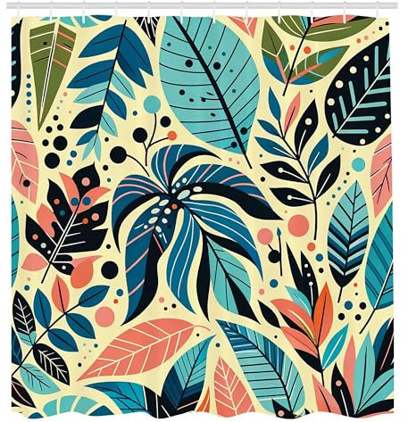 ABAKUHAUS Bunt Duschvorhang, Herbstliche Melancholie Kunst fallende Moderne skandinavische Blätter mit Punkten, Stoffliches Gewebe mit Haken, 175 x 200 cm, Türkis Meerblau Koralle