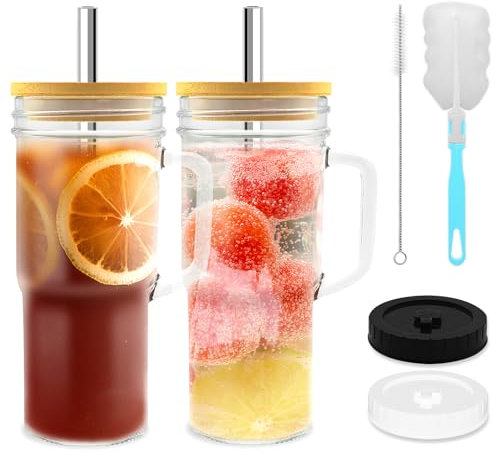 HMJIA Glasbecher mit Deckel und Strohhalmen 24oz Mason Jar Trinkglas mit Griff Strohhalmbürste Tasse Bürste Wiederverwendbare Eiskaffeebecher Boba Tee Smoothie Gläser (2)