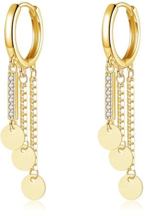 Loutade Silver Chain Hoop Earrings for Women, 925 Sterling Silver Tassel Chain Hoop Earrings with Flat Disc Dangling, Hypoallergenic Gold CZ Drop Hoop Earrings with Long Tassel Chain Dangle Earrings