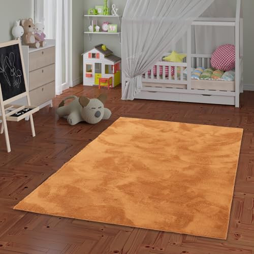 Kinderzimmer Kunstfell Teppich - Extra Weich & Flauschig - Hochwertiger Super Soft Teppich Pearl Orange Terrakotta für Kinderzimmer, Jugendzimmer
