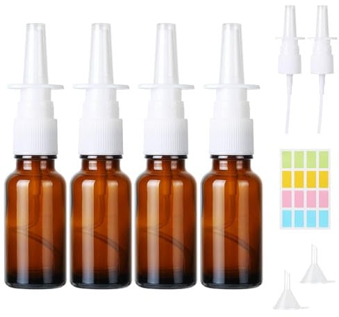 CoKeeSun Nasal Spray Bottle Glass 15ml, 4PCS Empty Nasal Spray Bottle Refillable, Fine Mist, Glass Direct Spray Container with Nozzles, Funnels and Label Sticker for Saline Solution, Medical Water