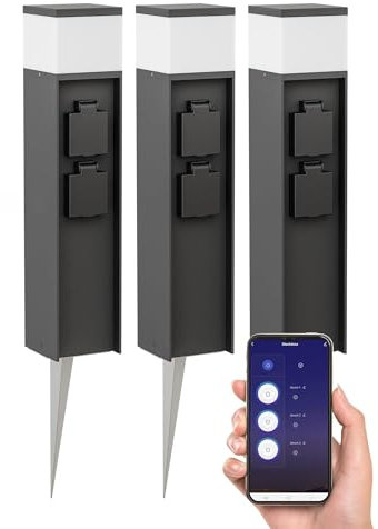 ledscom.de 3 Stück Pollerleuchte PODEL mit Erdspieß für außen, Smart Home, 39cm, schwarz, 2 Steckdosen, inkl. G9 Leuchtmittel, 501lm, warmweiß
