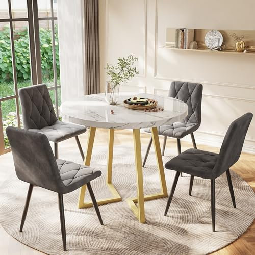 NNJN Runder Esstisch (1 Stück), Küchentisch, einzigartiges Metallgestell, Esstisch aus modernem Marmormuster, geeignet für Esszimmer, Wohnzimmer (Weiß＋Gold)