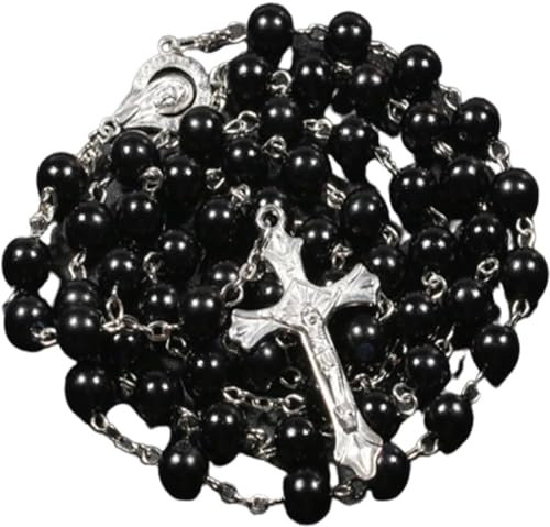 Kuesn 8mm Pearl Rosary Beads Catholic Necklace Glass Beads Necklace with Crucifix Charms Long Rosary Beads Prayer Beads Catholic for Women Gifts (Black)