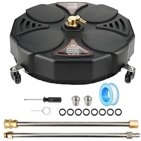 18 Inch Surface Cleaner for Pressure Washer with 4 Wheels, Driveway Power Washer Attachment with 2 Extension Wands and 2 Replacement Nozzles, 3600 PSI, Black
