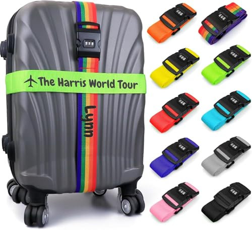 Personalisierte Koffergurt mit Zahlenschloss, 4 Stück - Kofferband Gurt Set mit Namen, Gepäckband Identifikation für Große und Kleine Koffer, Bunt Auffällig Koffergürtel, Kofferbänder Verstellbare