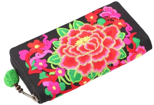 Besticktes Ethno Portemonnaie Chiang Mai, 100 % Baumwolle, schwarz/pink | Traditionelles Design, Reißverschluss, vier offene Fächer, Kartenfächer, florale Muster, lebendige Farben