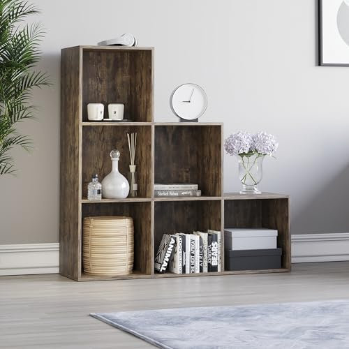 Vida Designs Durham Staircase Bookcase Shelves Storage Organiser Living Room Furniture (6 Cube, Dark Wood)