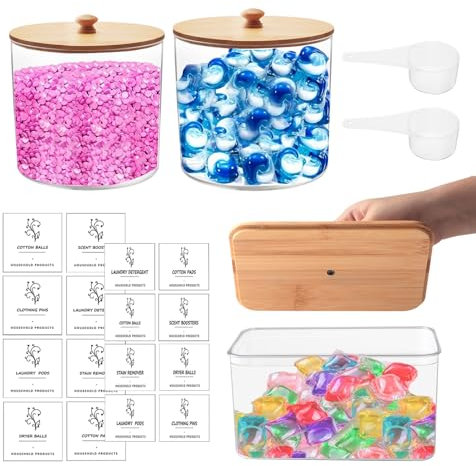 3 Piezas Almacenamiento de Detergente para Lavandería, Recipientes de Almacenamiento de Lavandería con Tapa de Bambú,Almacenamiento de Polvo de Lavandería de Baño con 16 Pegatinas y 2 Cucharas