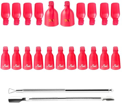 CHAOMAO Nail Polish Remover Clips Kit (20 Pcs) - Reusable Finger & Toe Soak Off Caps with Dual-Ended Metal Cuticle Pusher & Cutter for Gel Acrylic Polish Removal