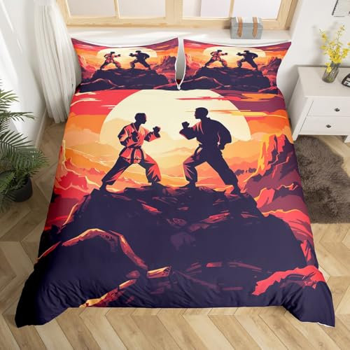 Kung Fu Bettbezug 135x200 Karate Männer Silhouetten Bettwäsche Set Japanischer Stil Tröster Abdeckung für Jungen Mann,Natur Berge Sonnenuntergang Bettwäsche Abdeckung Zimmer Dekor Reißverschluss