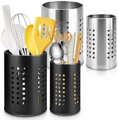 MOAMUN 4 PCS Utensil Holder Kitchen Utensils Holder, Stainless Steel Cutlery Holder Cutlery Drainer Spoon Holder for Sink, Utensil Pot Utensil Drainer for Countertop Forks Knives Spoons(Slivery Black)