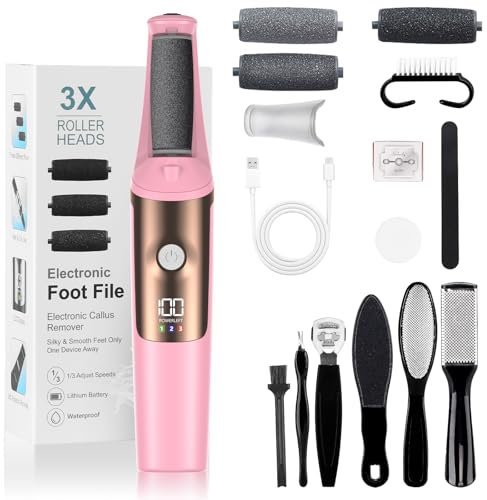 PKBD Pedicure Elettrico Professionale Piedi,Strumenti per la cura dei Piedi e Kit di Accessori,3 Velocità,Impermeabile,Super Lunga Durata Della Batteria,Lima Elettrica per Piedi Esfoliante,Rosa