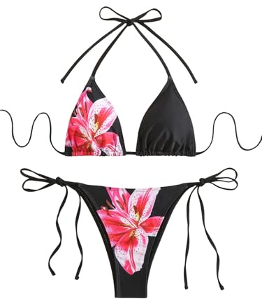 SEGT Women's 2 Piece Floral Print Halter Neck Tie Bikini Set Triangle String Thong Swimsuit Summer Bathing Suits for Women Black S