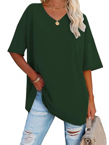 iudam Oversize T Shirt Damen mit V-Ausschnitt Sommer Longshirt Kurzarm Übergroße Oberteil Locker Sport Tops Casual Tee Shirts Blusen