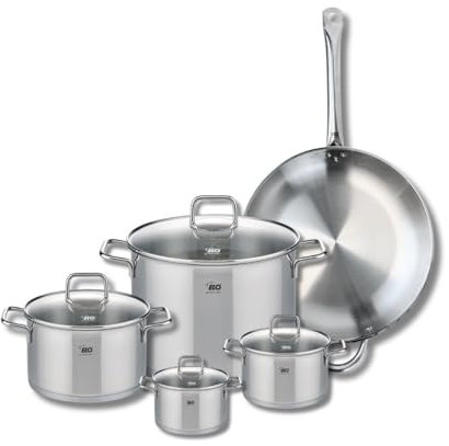 ELO 9501150 Batterie de cuisine 5 pièces, Set de 1 Poêle de cuisson 32 cm et 4 faitouts 12, 14, 20 et 26 cm Elo Profi Citrin, inox, induction