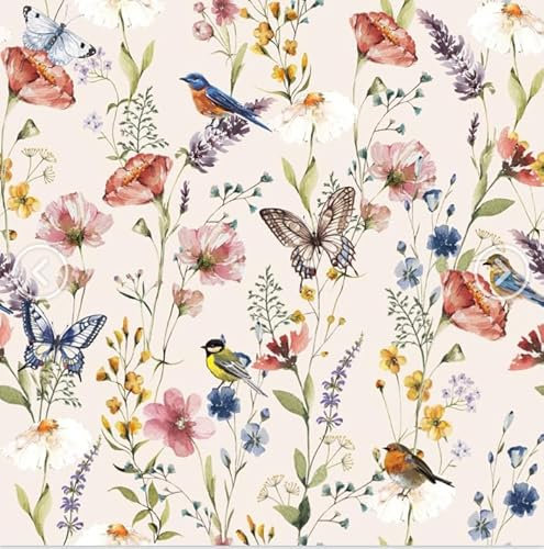 CHDITB Watercolor Floral Birds Wallpaper Self Adhesive,Butterfly Flower Wildflower Wallpaper Peel And Stick(44x300cm)Boho Botanical Wall Stickers,Pink Flowers Stickers for Bedroom Living Room Cabinets