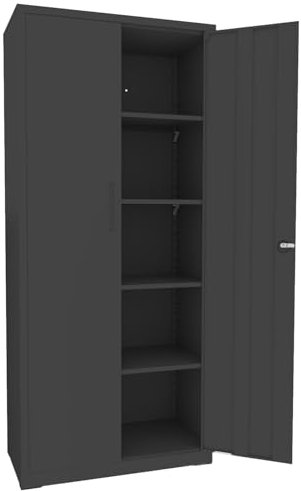 EGLEMTEK Armadio Armadietto In Metallo Multiuso A Doppia Anta Con 5 Ripiani Regolabili E Chiusura Con Doppia Chiave Mobiletto Per Documenti Strumenti Ufficio Garage Studio 180 x 80 x 40 Cm (Nero)