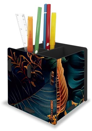 itenga Stifteköcher mit Motiv zum Zusammenstecken - 3 Fächer - Stiftehalter Kinder Schüler Schreibtisch Organizer Stiftebox - 10x 10 x 9,5cm (Motiv exotische Blätter)
