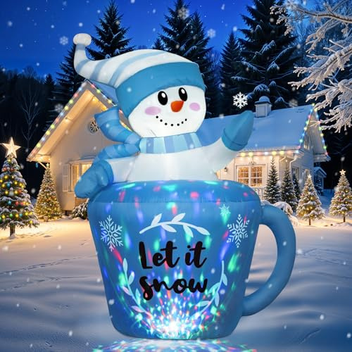 Fayavoo Aufblasbare Weihnachtsdekorationen für den Außenbereich, niedlicher Blauer aufblasbarer Schneemann im Freien, in Tasse, Weihnachtsdekoration mit integrierten LEDs für Weihnachten, Urlaub