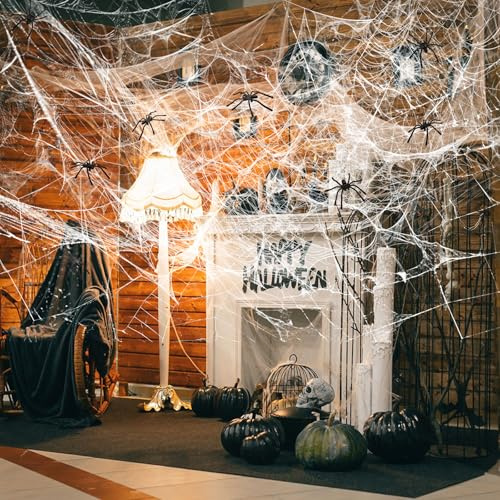 Halloween Deko Spinnennetz, 200g Outdoor Spinnweben Dekoration, 50 Horror Schwarz Spinnen, 9 Fensterbilder Aufkleber, SpiderWeb Gruselig Decoration für Innen,Außen,Häuser,Garten,Spukhaus Party Zubehör