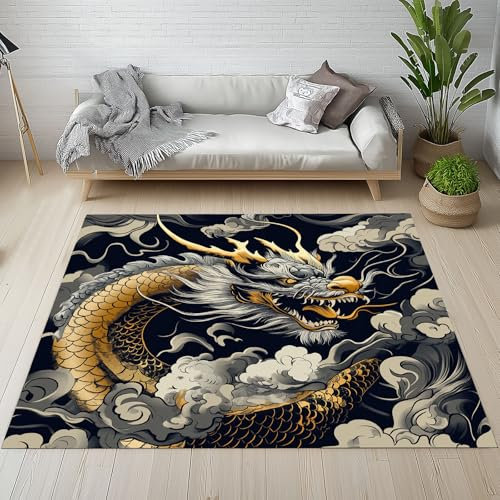 Chinesischer Drache Waschbarer Teppich 200x200 cm, Japanische Stil Teppiche Wohnzimmer Anti Rutsch Große Teppiche Schlafzimmer Weich Kurzflor Carpet Matte Kinderteppich