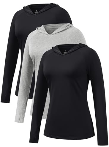 Ullnoy 3 Pack Women Long Sleeve Hoodies Protection Sun UPF 50+ Lightweight Gym Running Tops UV Breathable Quick Dry With Thumb Holes T-Shirt for Women Black/Gray/Black L