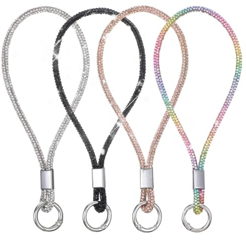 LIQWEI 4 Stück Diamant Handyband, Strass Schlüsselband Lanyard Kurz Handgelenk Handykette Universal Strass Handykette Handy Lanyard Mitstrass Für Alle Smartphone